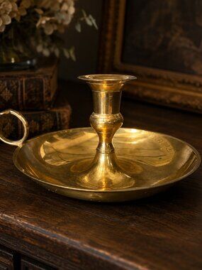 Vintage Large Brass Chamberstick Candle Holder With Finger Loop Handle